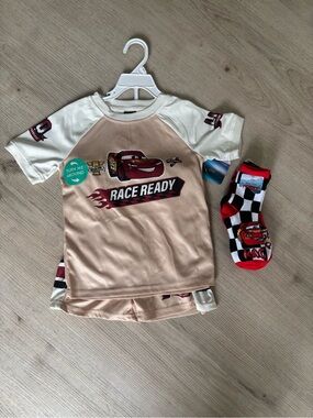 Disney Cars Beige and Cream 'Race Ready' Kids Pajama Set with Checkered Socks